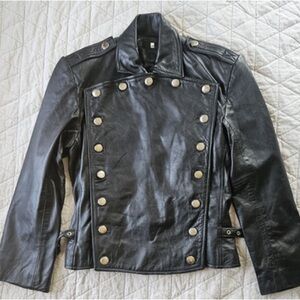 Black Military Leather Jacket with Silver Accents